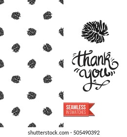 Hand drawn style greeting card for outdoor celebrations or wedding, inspired by eco forest symbolism. Seamless pattern with on one side. On another inscription: thank you. Vector template.