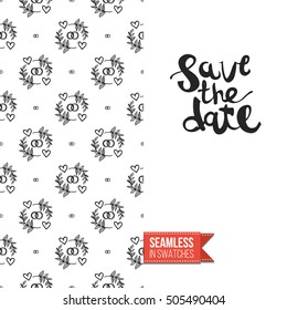 Hand drawn style greeting card for outdoor celebrations or wedding, inspired by eco forest symbolism. Seamless pattern with on one side. On another inscription: save the date. Vector template.