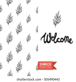 Hand drawn style greeting card for outdoor celebrations or wedding, inspired by eco forest symbolism. Seamless pattern with on one side. On another inscription: welcome. Vector template.