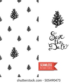 Hand drawn style greeting card for outdoor celebrations or wedding, inspired by eco forest symbolism. Seamless pattern with on one side. On another inscription: save the date. Vector template.