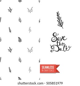 Hand drawn style greeting card for outdoor celebrations or wedding, inspired by eco forest symbolism. Seamless pattern with on one side. On another inscription: save the date. Vector template.
