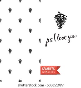 Hand drawn style greeting card for outdoor celebrations or wedding, inspired by eco forest symbolism. Seamless pattern with on one side. On another inscription: ps i love you. Vector template.