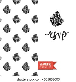 Hand drawn style greeting card for outdoor celebrations or wedding, inspired by eco forest symbolism. Seamless pattern with on one side. On another inscription: rsvp. Vector template.