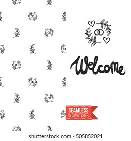 Hand drawn style greeting card for outdoor celebrations or wedding, inspired by eco forest symbolism. Seamless pattern with on one side. On another inscription: welcome. Vector template.