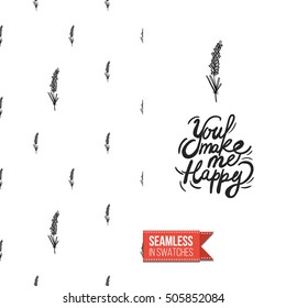 Hand drawn style greeting card for outdoor celebrations or wedding, inspired by eco forest symbolism. Seamless pattern with on one side. On another inscription: you make me happy. Vector template.