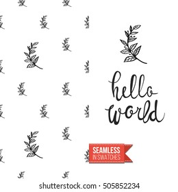 Hand drawn style greeting card for outdoor celebrations or wedding, inspired by eco forest symbolism. Seamless pattern with on one side. On another inscription: hello world. Vector template.