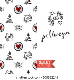 Hand drawn style greeting card for outdoor celebrations or wedding, inspired by eco forest symbolism. Seamless pattern with on one side. On another inscription: ps i love you. Vector template.