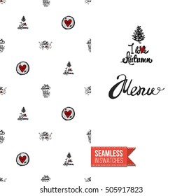 Hand drawn style greeting card for outdoor celebrations or wedding, inspired by eco forest symbolism. Seamless pattern with on one side. On another inscription: menu. Vector template.