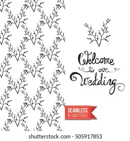 Hand drawn style greeting card for outdoor celebrations or wedding, inspired by eco forest symbolism. Seamless pattern with on one side. On another inscription: welcome to our wedding. Vector template