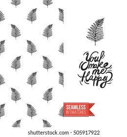 Hand drawn style greeting card for outdoor celebrations or wedding, inspired by eco forest symbolism. Seamless pattern with on one side. On another inscription: you make me happy. Vector template.