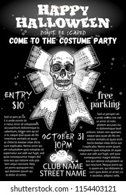 Hand drawn style Halloween poster design with Halloween skulls and calligraphy.  Black white flyer and party invitation designs. Vector. 