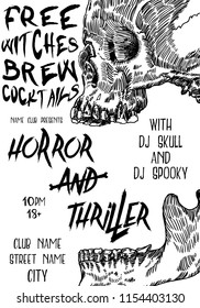 Hand drawn style Halloween poster design with Halloween skulls and calligraphy.  Black white flyer and party invitation designs. Vector. 