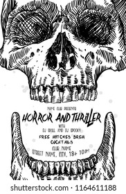 Hand drawn style Halloween poster design with Halloween skulls and calligraphy.  Black white flyer and party invitation designs. Vector. 