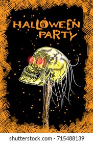 Hand drawn style Halloween poster design with holiday symbols and calligraphy.  Colourful flyer and party invitation design. Vector. 