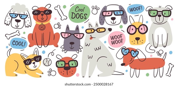 Estilo dibujado a mano felices perros frescos divertidos animales de compañía personajes que usan conjunto de diseño de gafas de sol de verano de moda. Encantadora mascota de cachorro de raza pura Ilustración vectorial de arte de boceto gráfico colorido