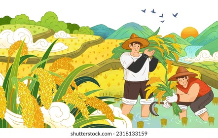 Hand drawn style hardworking farmers harvesting ripe grain in terraced field. Scenic view of ripe grain at paddy farm, sunset behind river among mountains and clouds floating around.