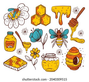 Hand drawn style honey isolated grapgic design elements set