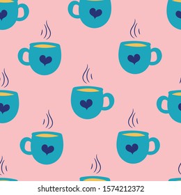 Hand drawn style hot chocolate, coffee, tea mug seamless repeating pattern for wrapping paper, fabrics, wallpapers.