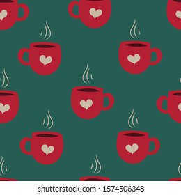 Hand drawn style hot chocolate, coffee, tea mug seamless repeating pattern for wrapping paper, fabrics, wallpapers.
