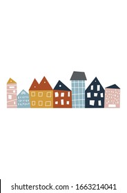 Hand drawn style houses. Scandinavian style city. Nursery poster. Vector illustration