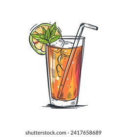 Hand drawn style ice tea drink or cocktail with lime slice and transparent tube. Vector art illustration. Bar menu element.