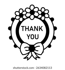 A hand drawn style icon of a decorative thank you wreath 
