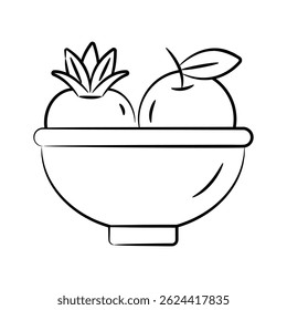 Um ícone de estilo desenhado à mão representando comida saudável em uma tigela