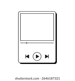 A hand drawn style icon depicts a media player with a blank screen, play and skip buttons, and a progress bar in a simple line vector illustration