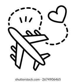 Un icono de estilo dibujado a mano de vuelo de avión romántico.