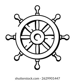A hand drawn style icon showing an old ship wheel

