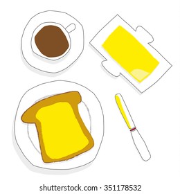 Hand drawn style illustration of buttered toast, and a butter dish with a cup of coffee and a knife seen from above view