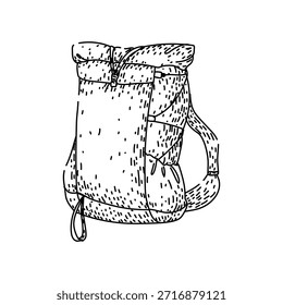 Ilustración de estilo dibujado a mano de una mochila de senderismo completamente llena, lista para viajar, acampar y explorar el desierto, simbolizando la aventura y el viaje