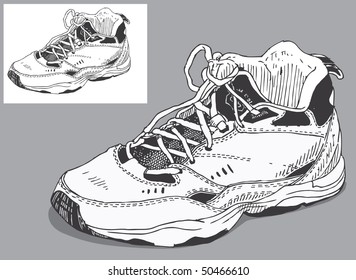 Hand Drawn Style Illustration Of A Left Tennis Shoe.