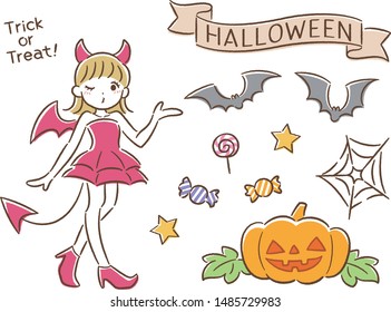Hand drawn style illustration set of a girl in devil costume and Halloween motifs