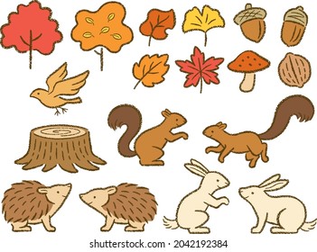 Hand drawn style illustration set of autumn leaves and trees with small animals in the forest