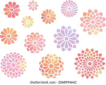 Ilustración de estilo dibujada a mano conjunto de estilo japonés varios crisantemas en colores gradientes de color