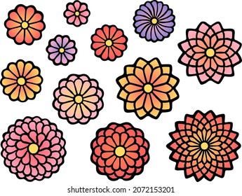 Hand drawn style illustration set of Japanese style chrysanthemums