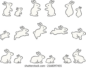 Hand drawn style illustration set of parents and children of white rabbits in various poses