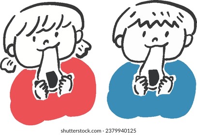 Hand drawn style illustration set of boy and girl eating mochi 2 colors