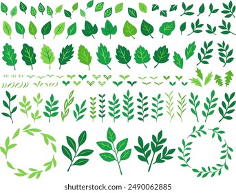 Hand drawn style illustration set of green plants, leaves and grass