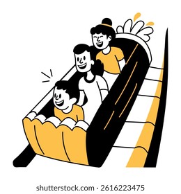 Hand drawn style illustration showing people enjoying log ride 
