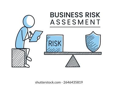 Hand drawn style illustration of a stick figure conducting a business risk assessment with a clipboard, balancing risk and protection on a seesaw. Suitable for business and finance content.
