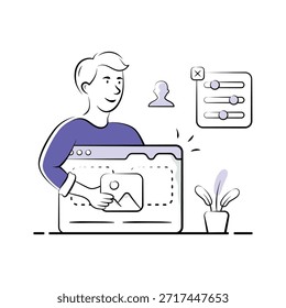 Hand drawn style illustration of a web designer working at a computer.