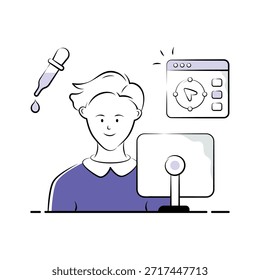 Ilustración de estilo dibujado a mano de un diseñador de Web que trabaja en una computadora.