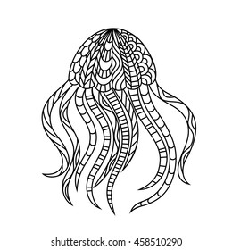 Hand drawn style, jellyfish zentangle, doodle. Line drawing for coloring books,tattoo. Vector illustration