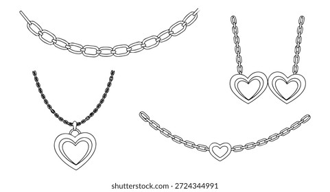 Hand drawn style jewelry elements featuring layered heart necklaces and thick metal chain link icons for design