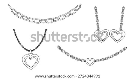 Hand drawn style jewelry elements featuring layered heart necklaces and thick metal chain link icons for design