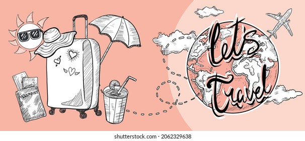 Hand Drawn Style Let's Travel Vector Pastel Color Banner Design. Traveling elements and equipments, airplane and globe earth sketch illustrations. 