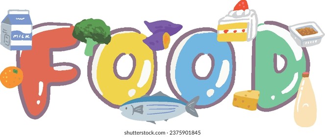 Hand drawn style letter illustration of food and FOOD