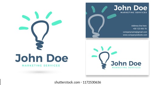 Hand Drawn Style, Lightbulb with rays, Marketing Logo & Business Card template, Vector Design